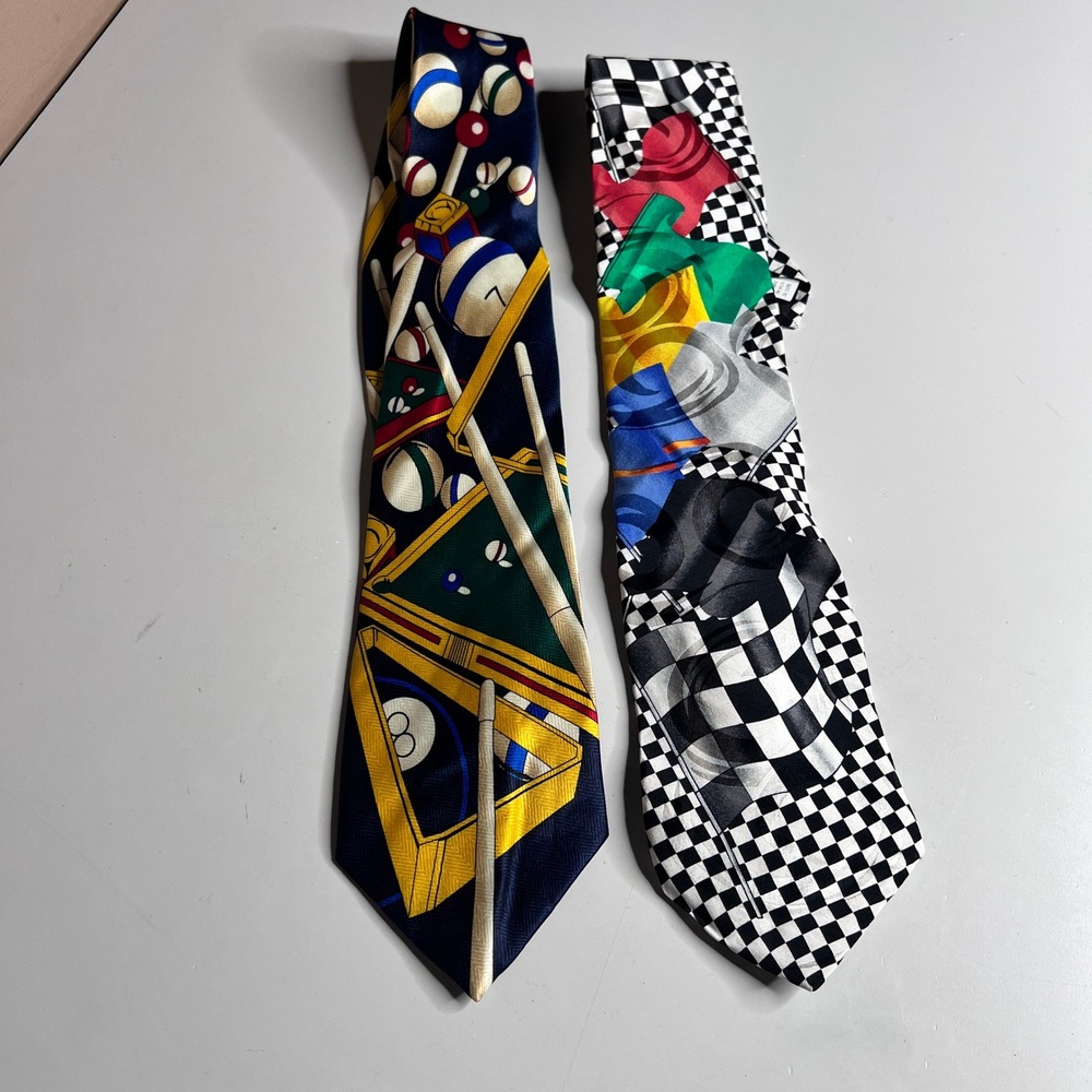 Lot of 2 Vintage Novelty Ties Beverly Hills Polo Club Billiards RM Style Racing